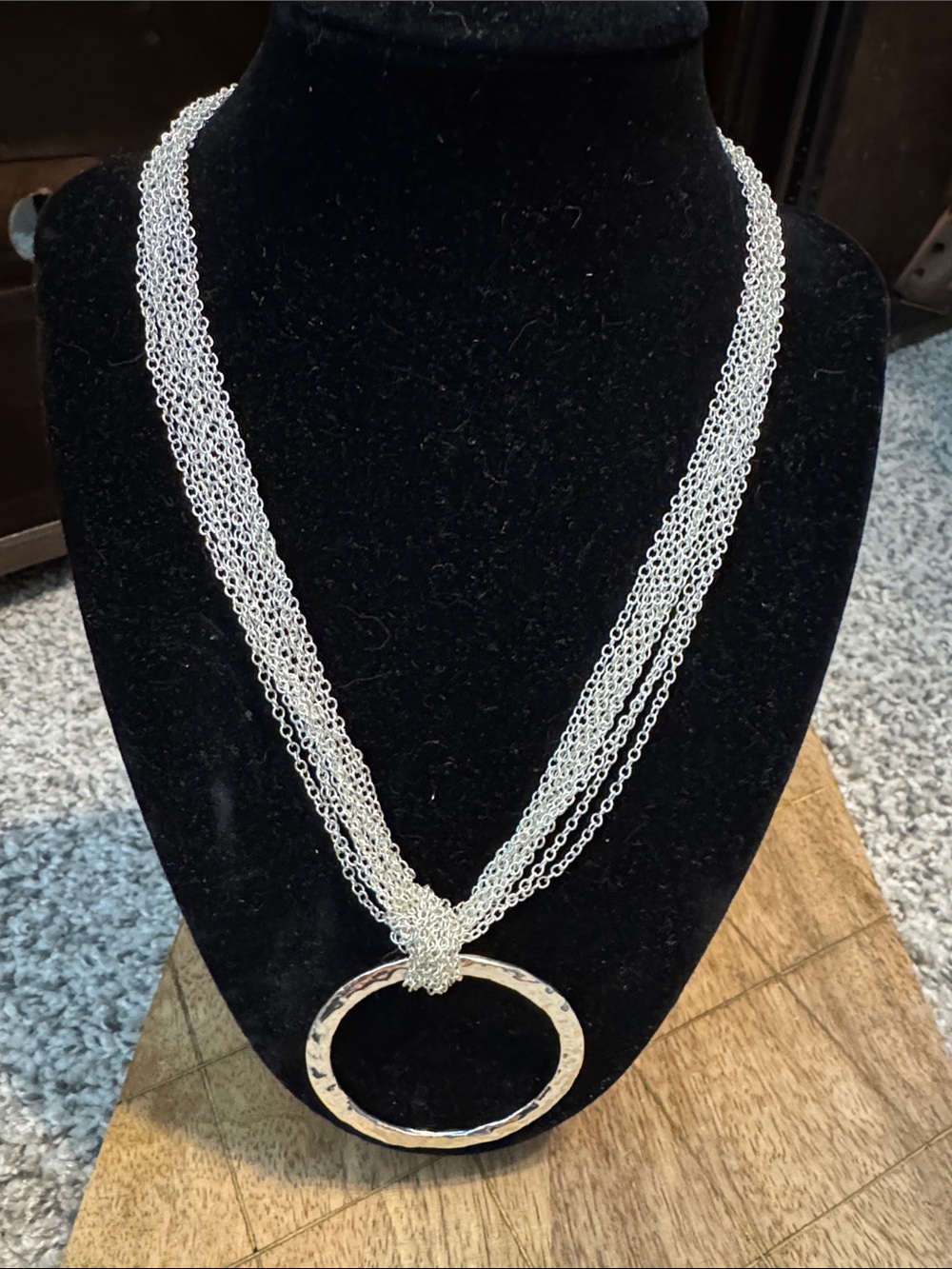 Multi-Strand Silver Chain Necklace with Hammered Hoop Pendant